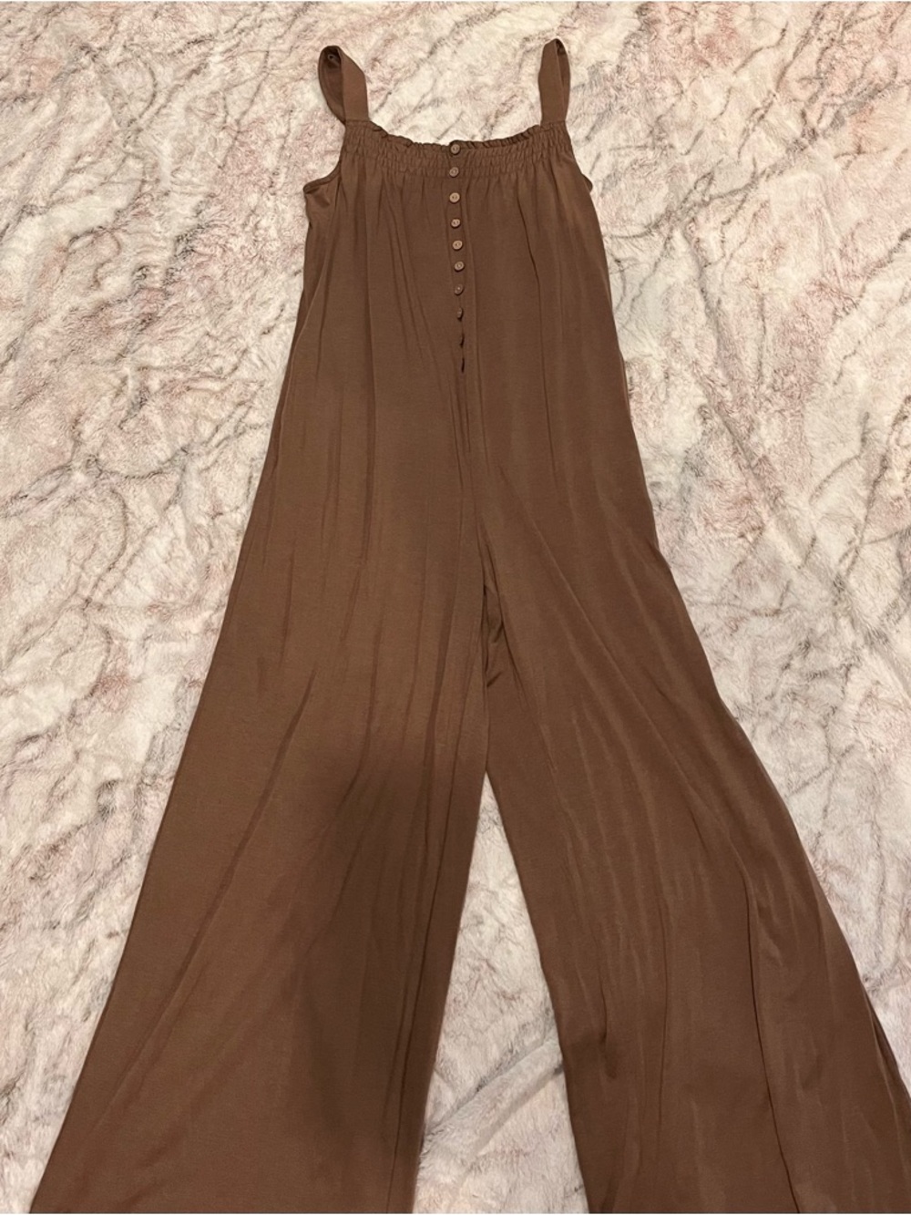 Smocked Brown Wide-Leg Jumpsuit with Button Front